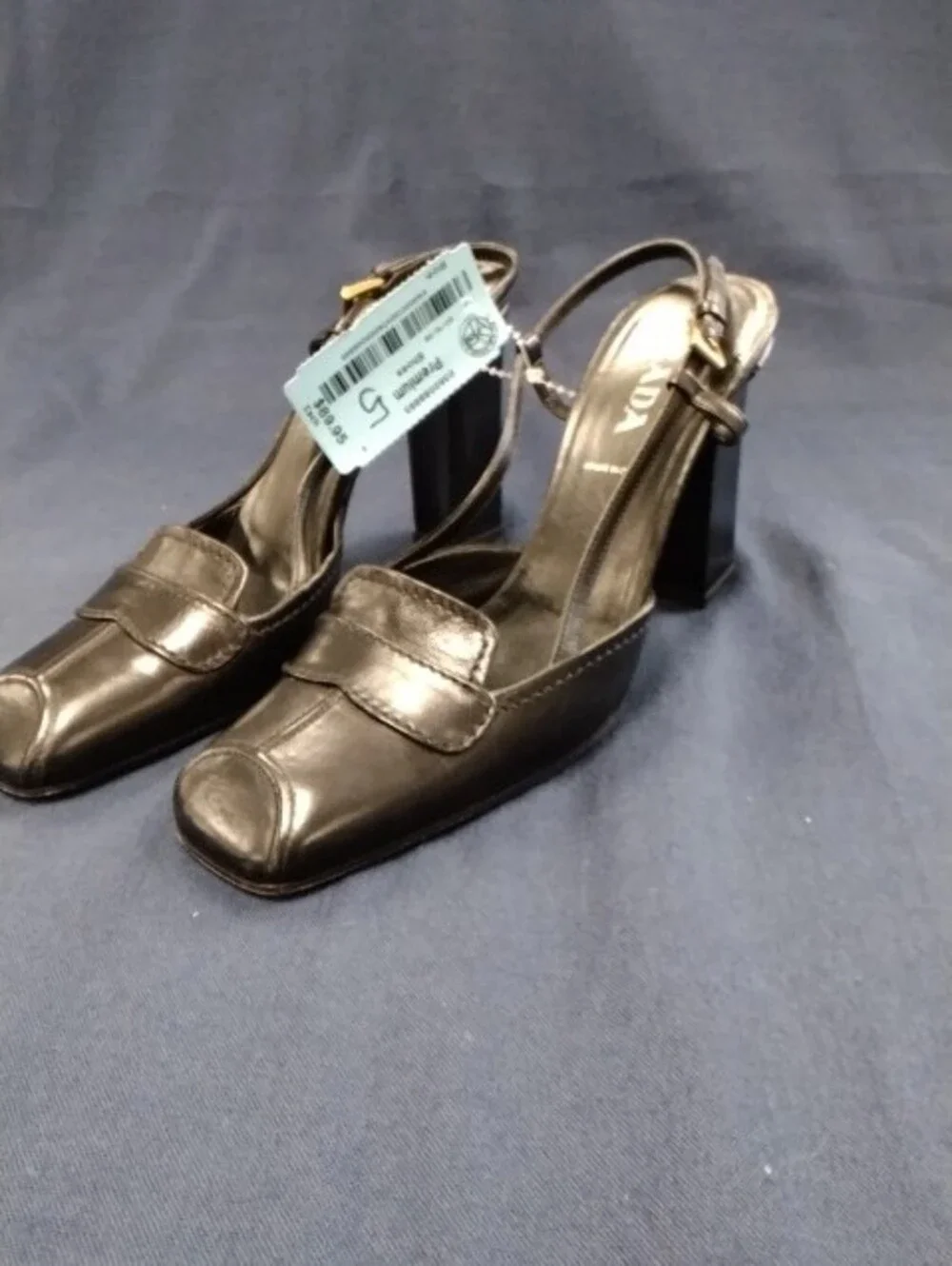 Black Leather Square Toe Slingback Heels